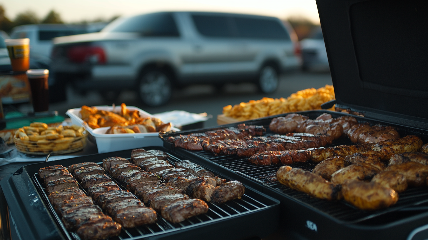 Grilled meats and sides on a table at an outdoor tailgate, with SUVs parked in the background. Quick Simple Tailgating